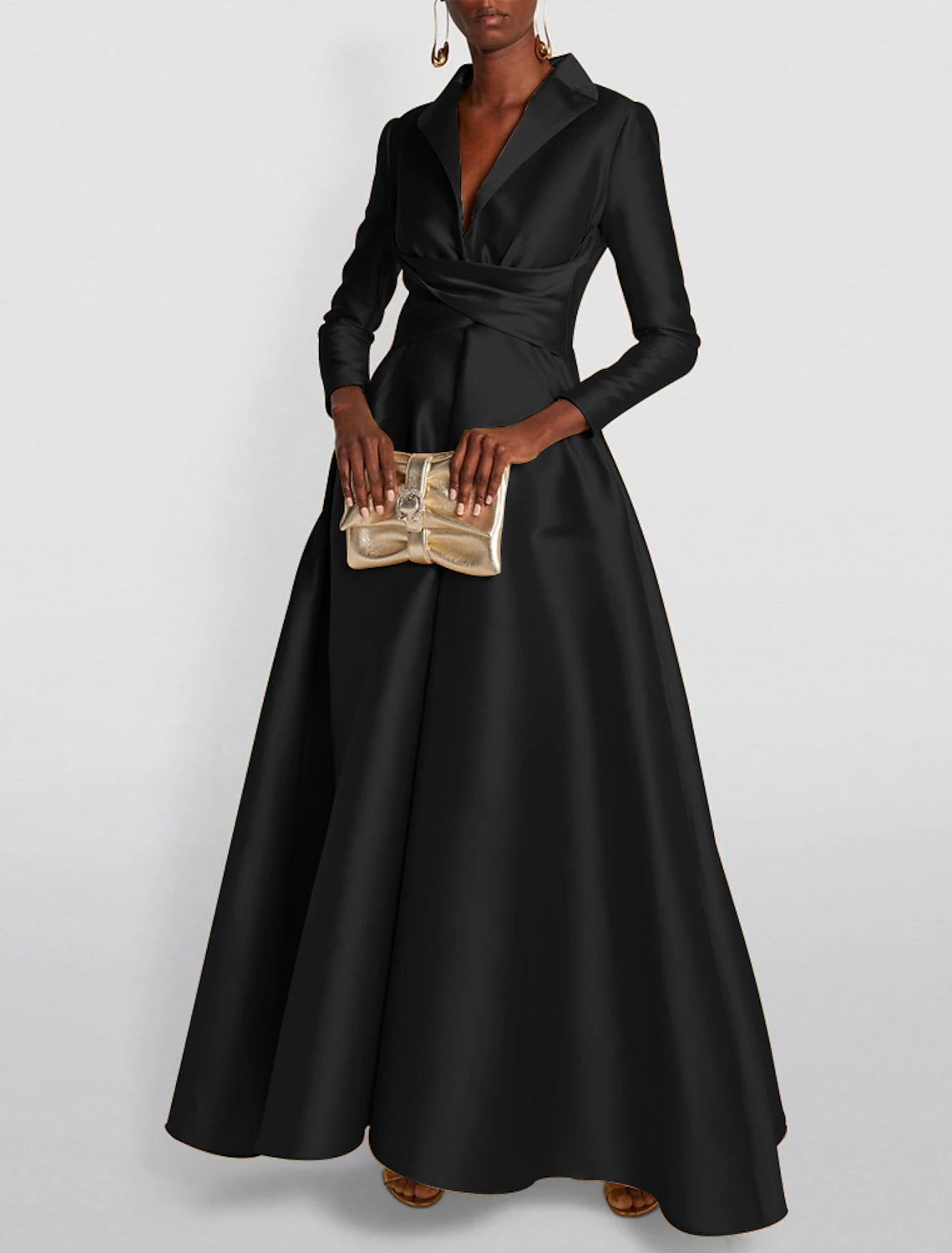 Weitese A-Line Evening Gown Elegant Red Green Dress Formal Wedding Guest Floor Length Long Sleeve Shirt Collar Satin with Ruched