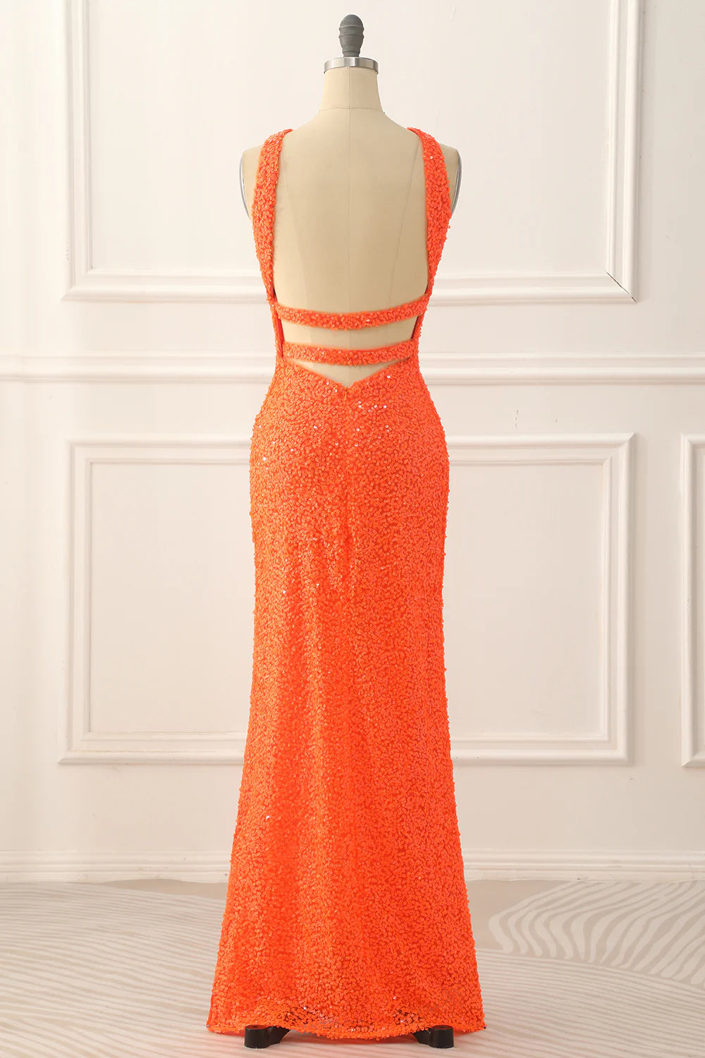 Halter Backless Sequins Orange Prom Dress With Slit