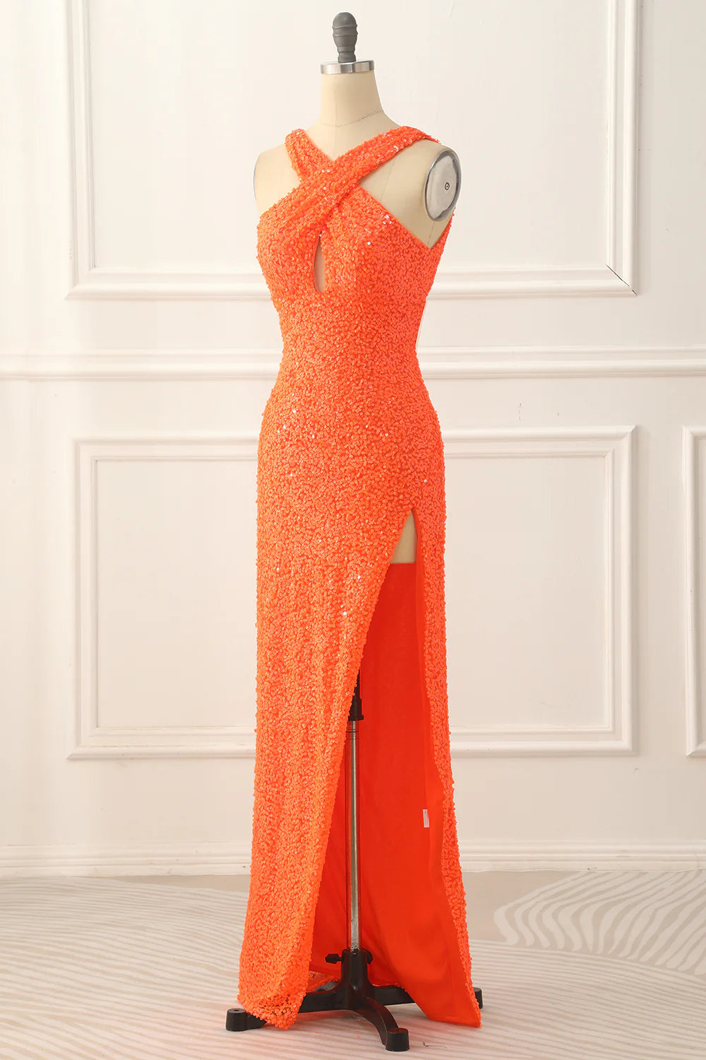 Halter Backless Sequins Orange Prom Dress With Slit
