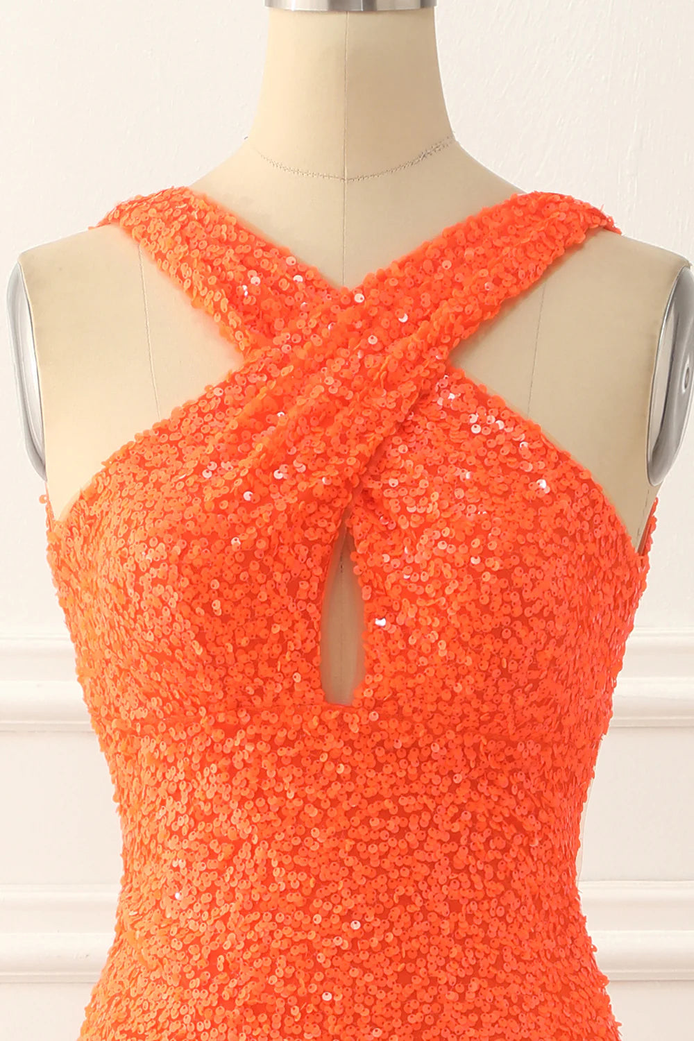 Halter Backless Sequins Orange Prom Dress With Slit