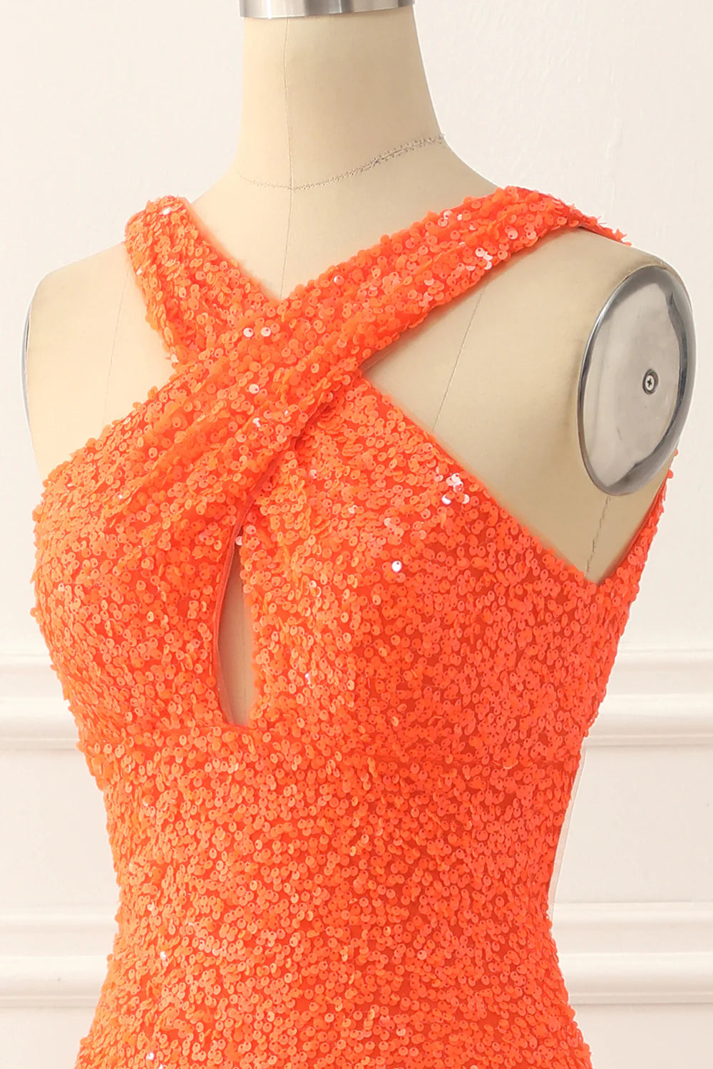 Halter Backless Sequins Orange Prom Dress With Slit