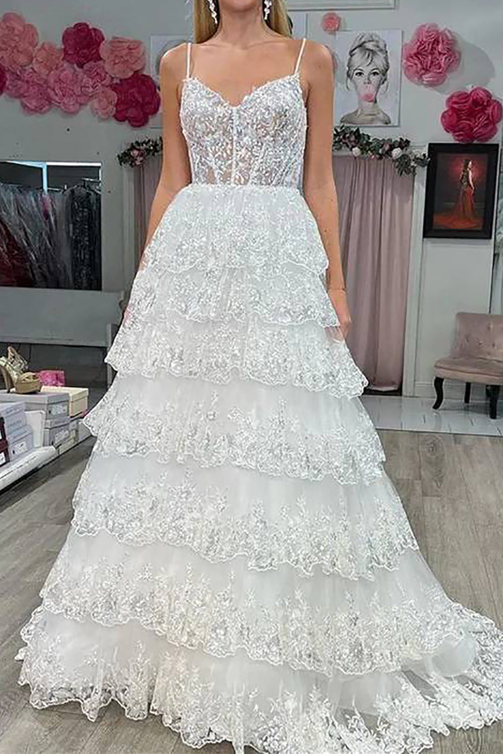 Weitese Princess A-Line Spaghetti Straps Long Glitter Prom Dress With Appliques