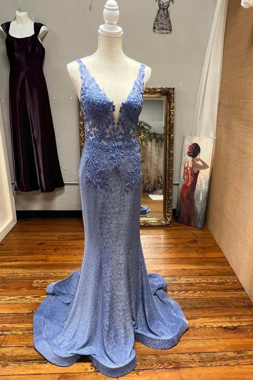 Hermoso vestido de fiesta largo azul con escote en V profundo y apliques de sirena de Weitese