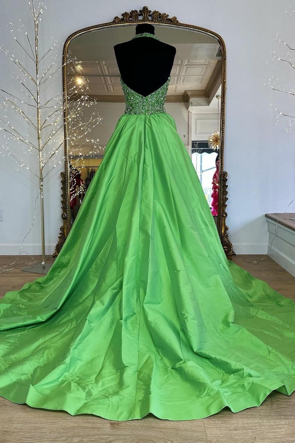 Weitese Princess A Line Halter Neck Green Long Prom Dress with Beading