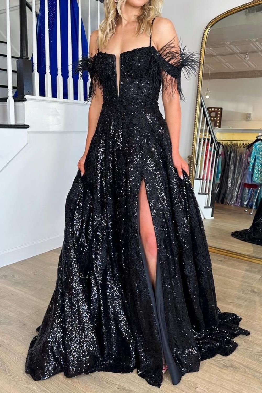 Weitese Gorgeous A Line Off the Shoulder Black Sequins with Feather