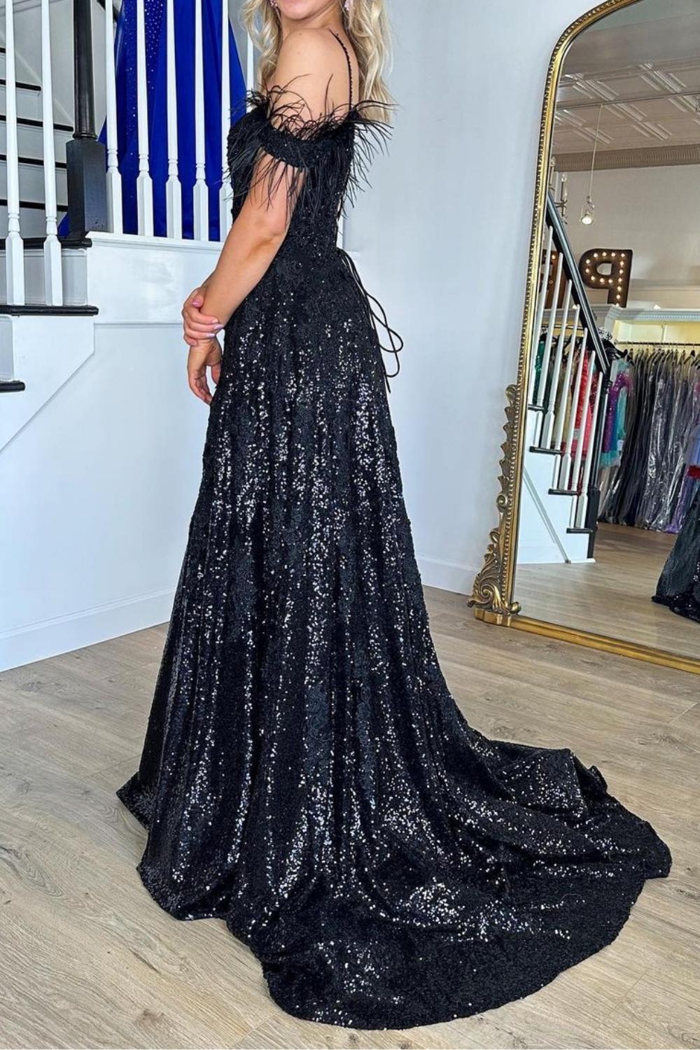 Weitese Gorgeous A Line Off the Shoulder Black Sequins with Feather