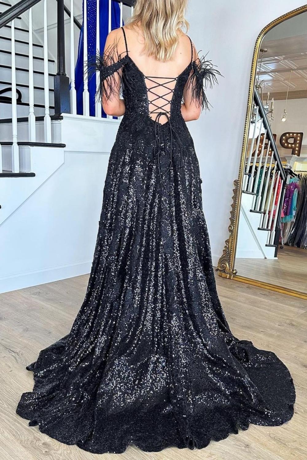 Weitese Gorgeous A Line Off the Shoulder Black Sequins with Feather