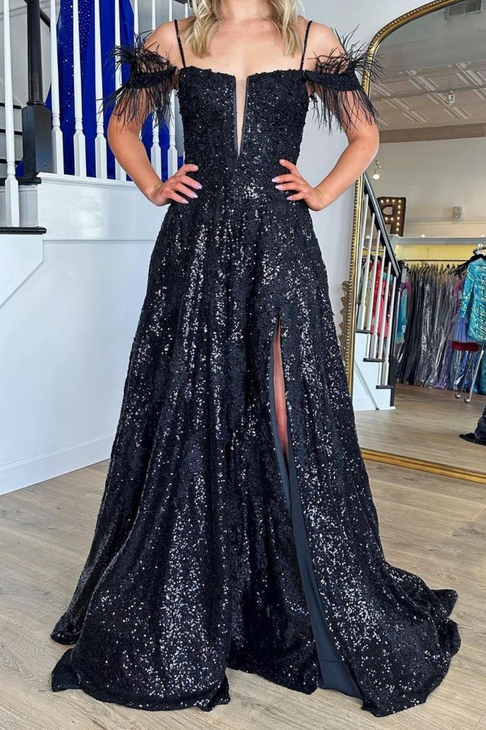 Weitese Gorgeous A Line Off the Shoulder Black Sequins with Feather
