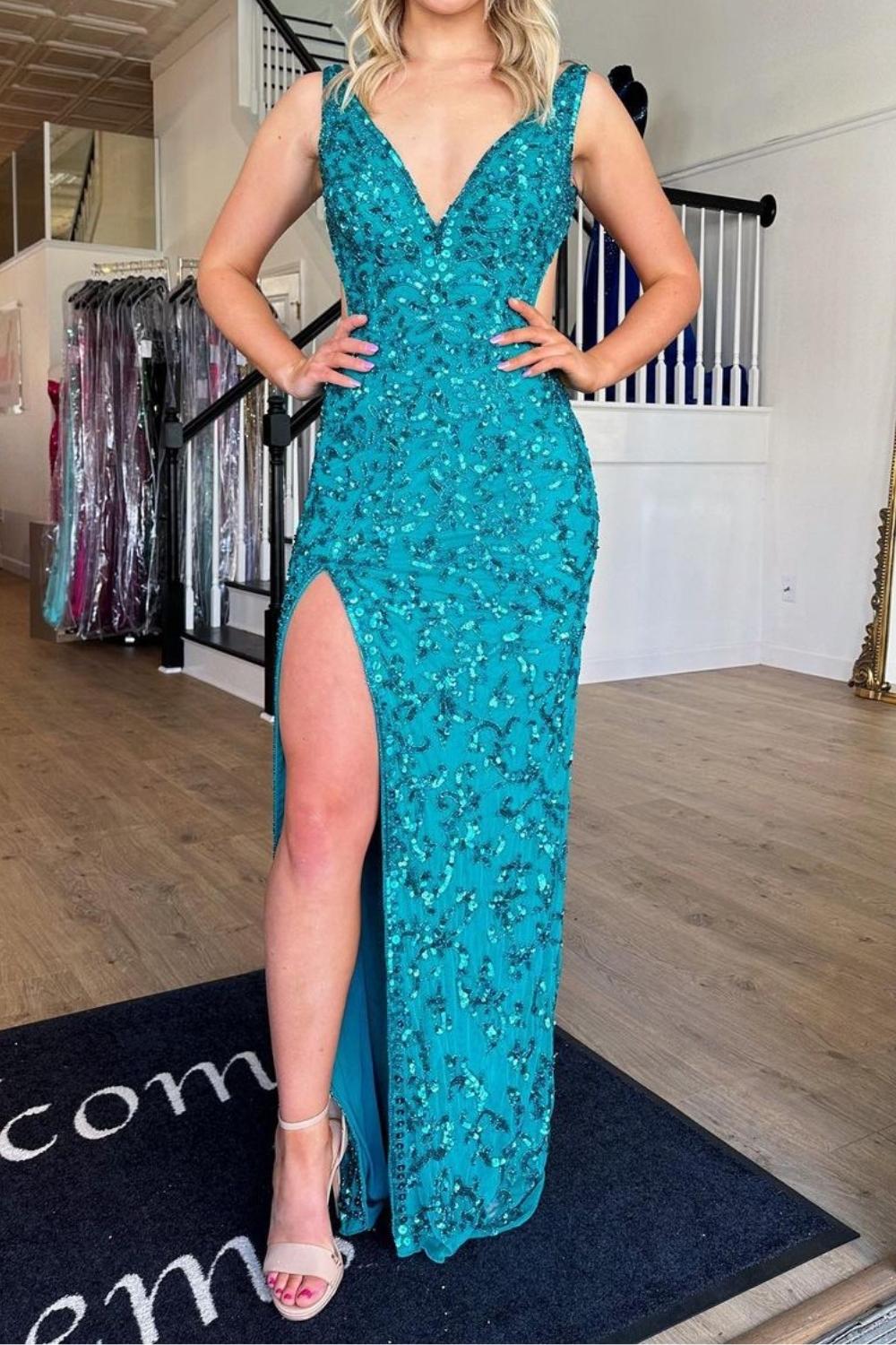 Weitese Sparkly Mermaid V Neck Peacock Blue Sequins Long Prom Dress with Backless