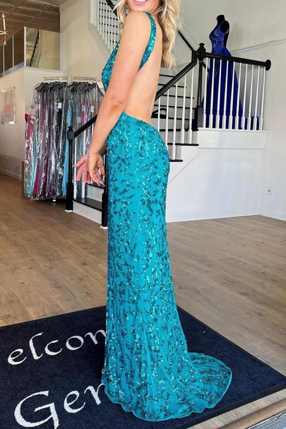 Weitese Sparkly Mermaid V Neck Peacock Blue Sequins Long Prom Dress with Backless