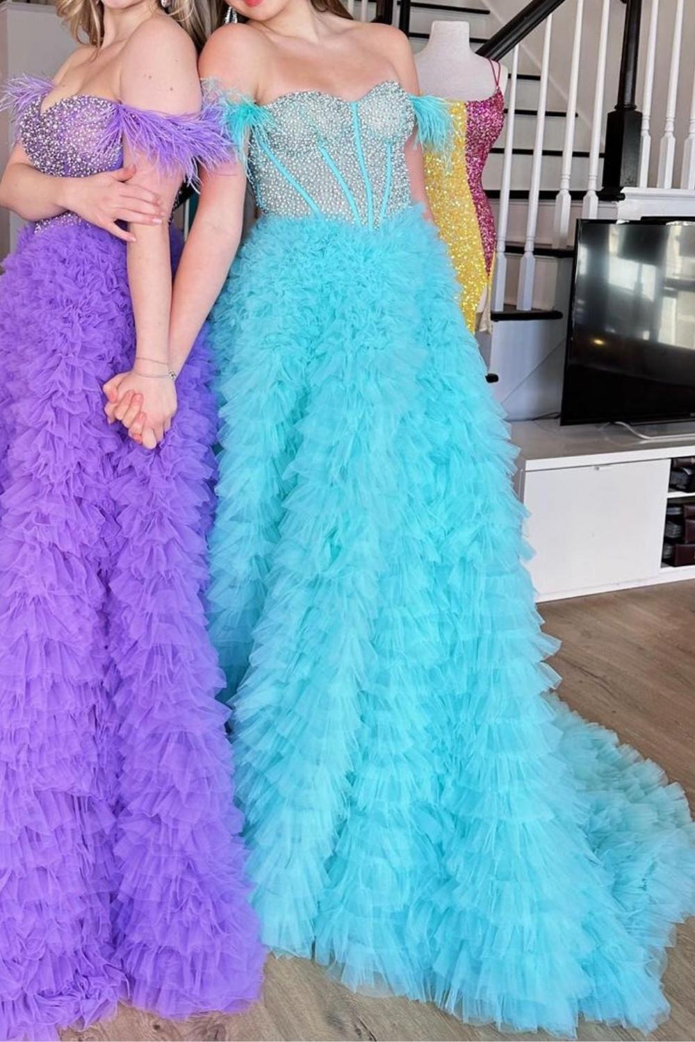 Weitese Princess A Line Off the Shoulder Purple/Blue Corset Prom Dress with Beading