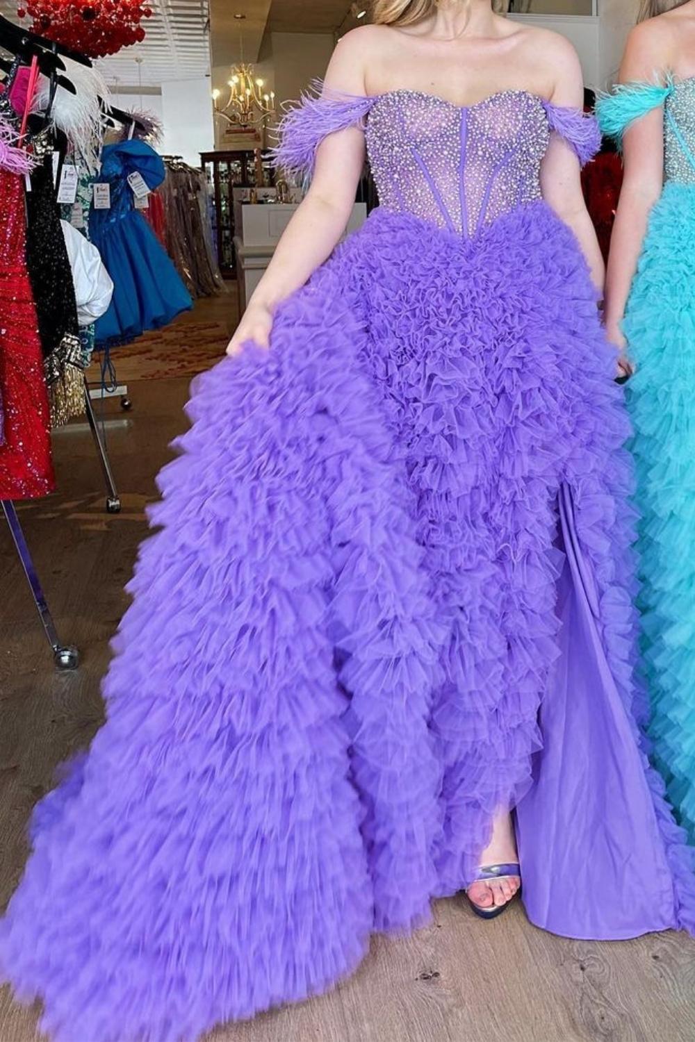 Weitese Princess A Line Off the Shoulder Purple/Blue Corset Prom Dress with Beading