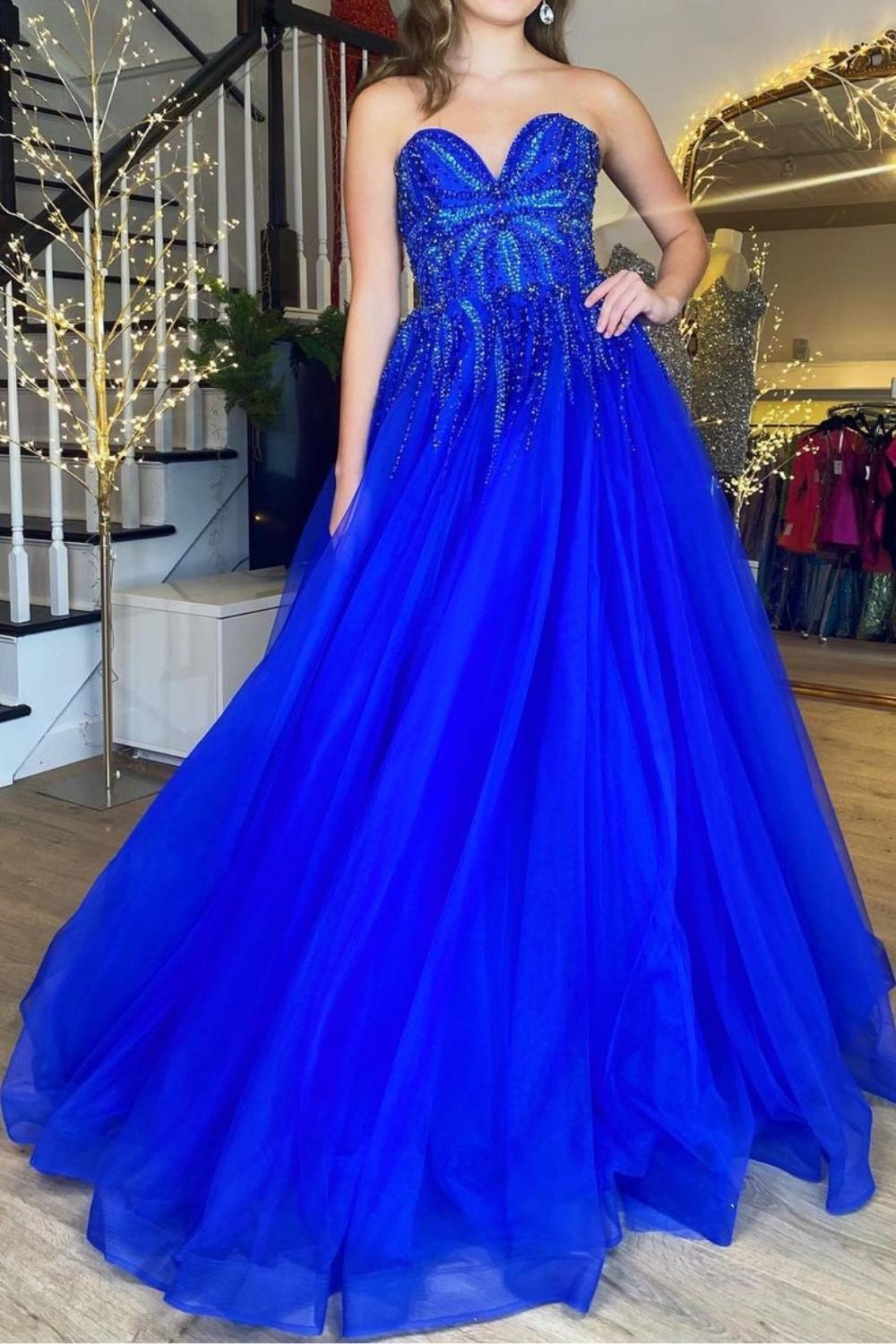 Weitese Gorgeous A Line Sweetheart Royal Blue Long Prom Dress with Appliques