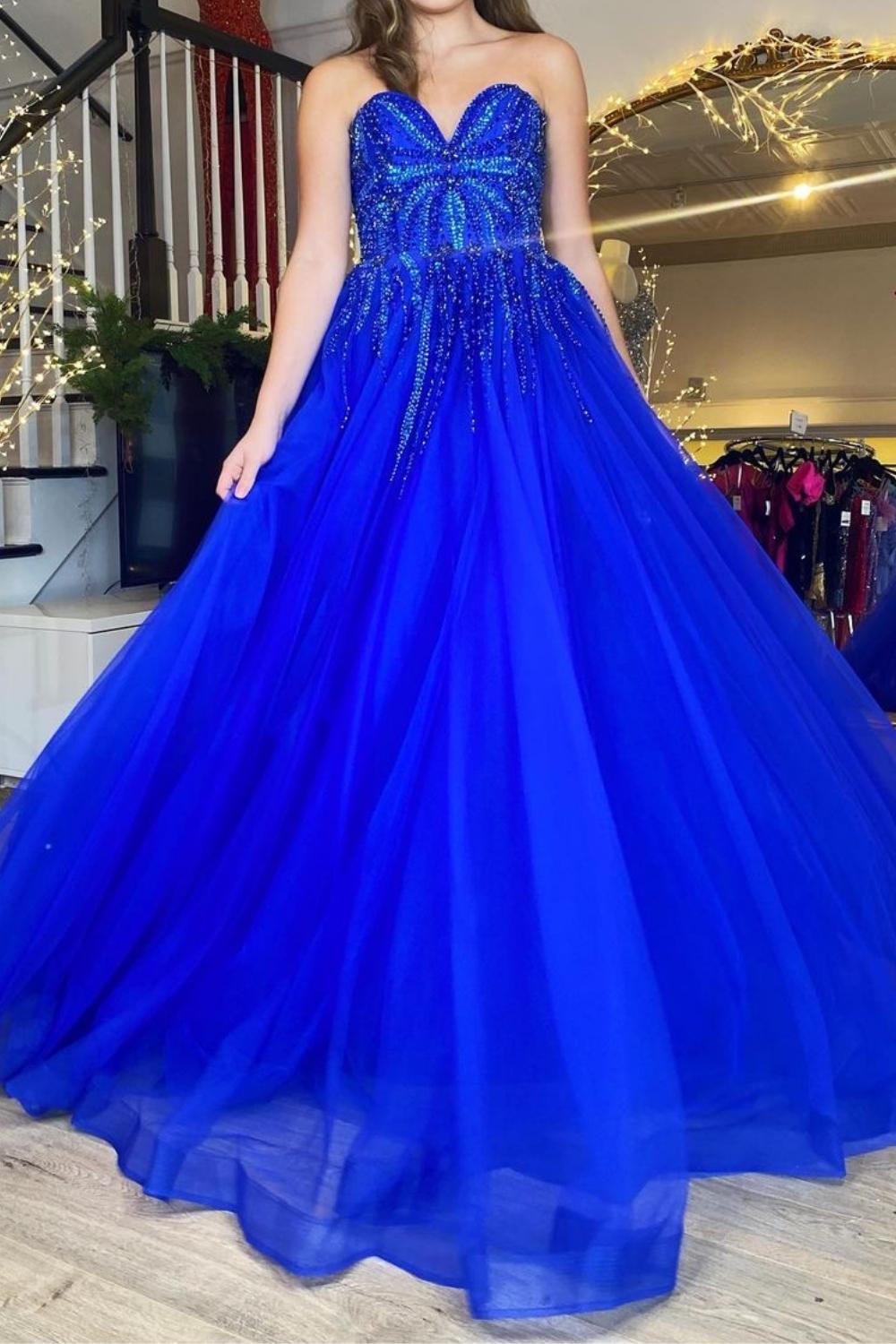 Weitese Gorgeous A Line Sweetheart Royal Blue Long Prom Dress with Appliques