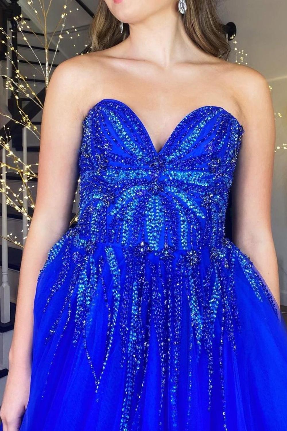 Weitese Gorgeous A Line Sweetheart Royal Blue Long Prom Dress with Appliques
