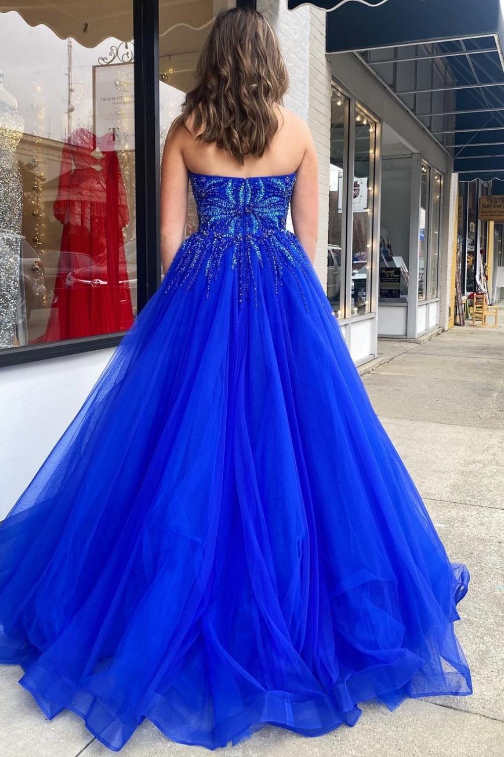 Weitese Gorgeous A Line Sweetheart Royal Blue Long Prom Dress with Appliques