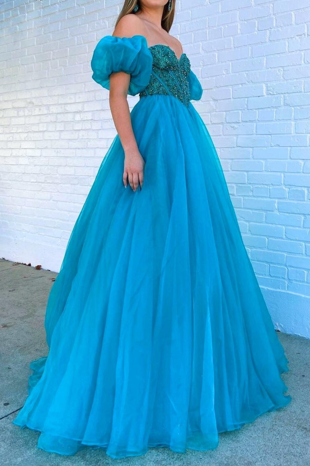 Weitese Princess A Line Sweetheart Blue Corset Prom Dress with Beading