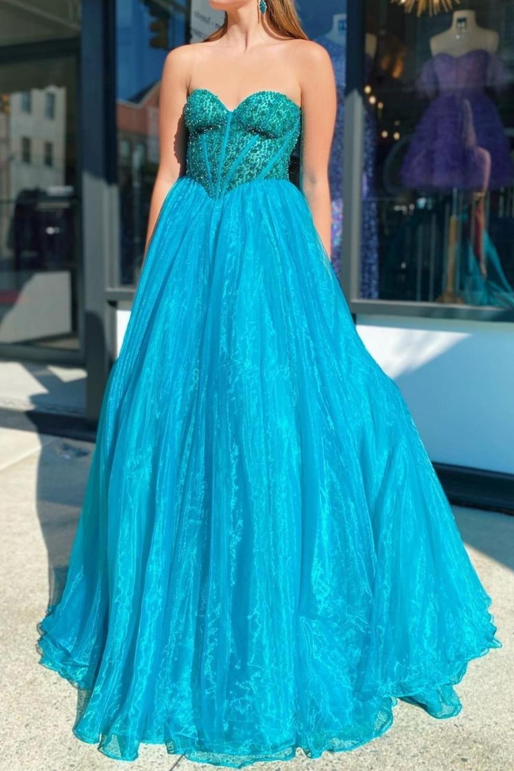 Weitese Princess A Line Sweetheart Blue Corset Prom Dress with Beading