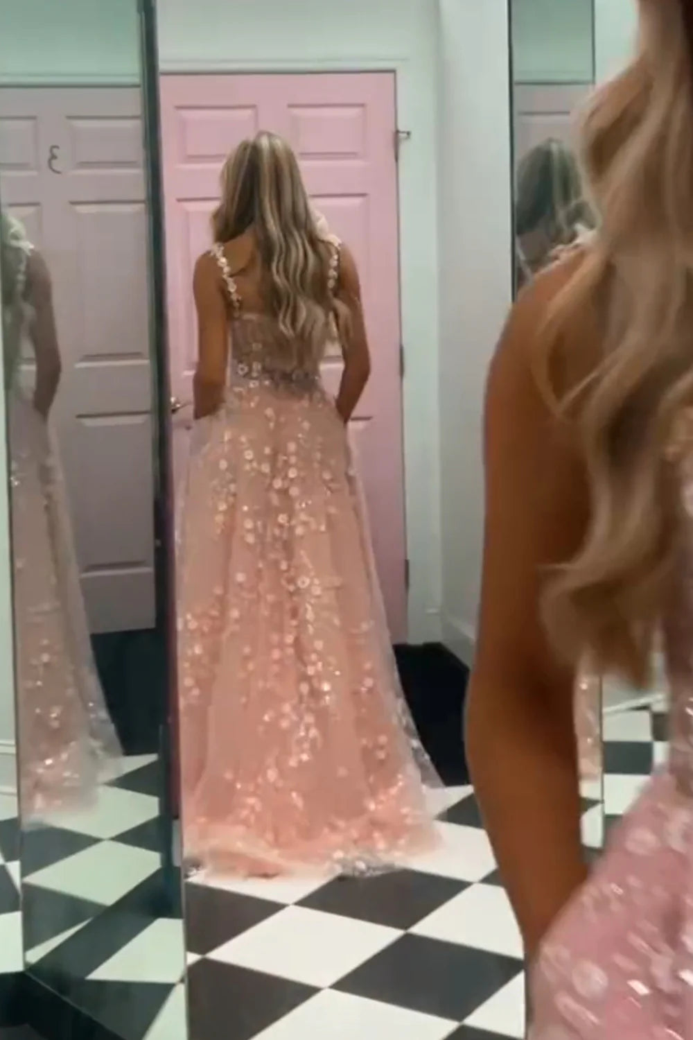 Vestido de fiesta de tul con escote en forma de corazón, abertura larga, color rubor y bolsillo