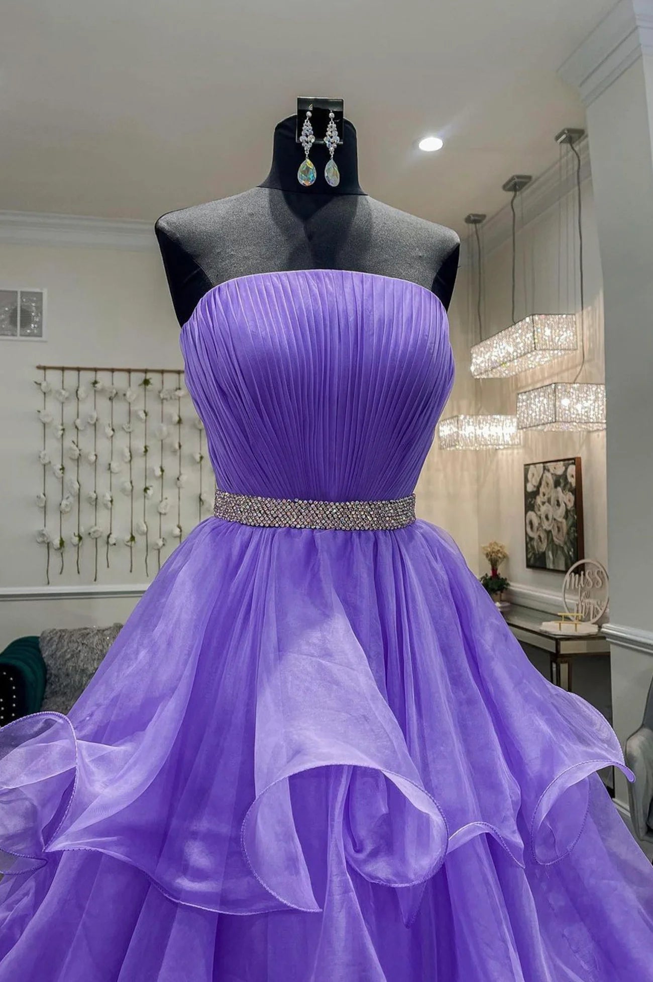 Purple Strapless Organza Long Princess Quinceanera Prom Dress