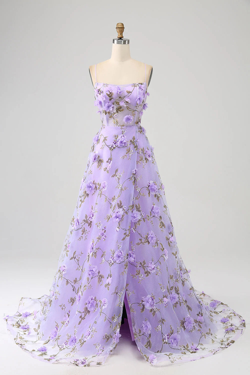 Robe de bal longue à bretelles spaghetti et coupe trapèze avec fleurs 3D