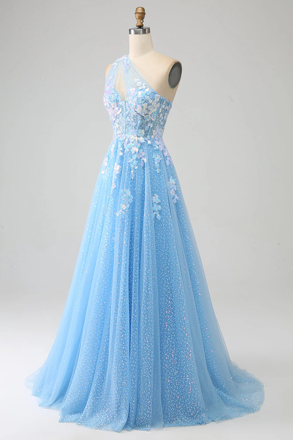 A Line One Shoulder Long Tulle Prom Dress With Appliques