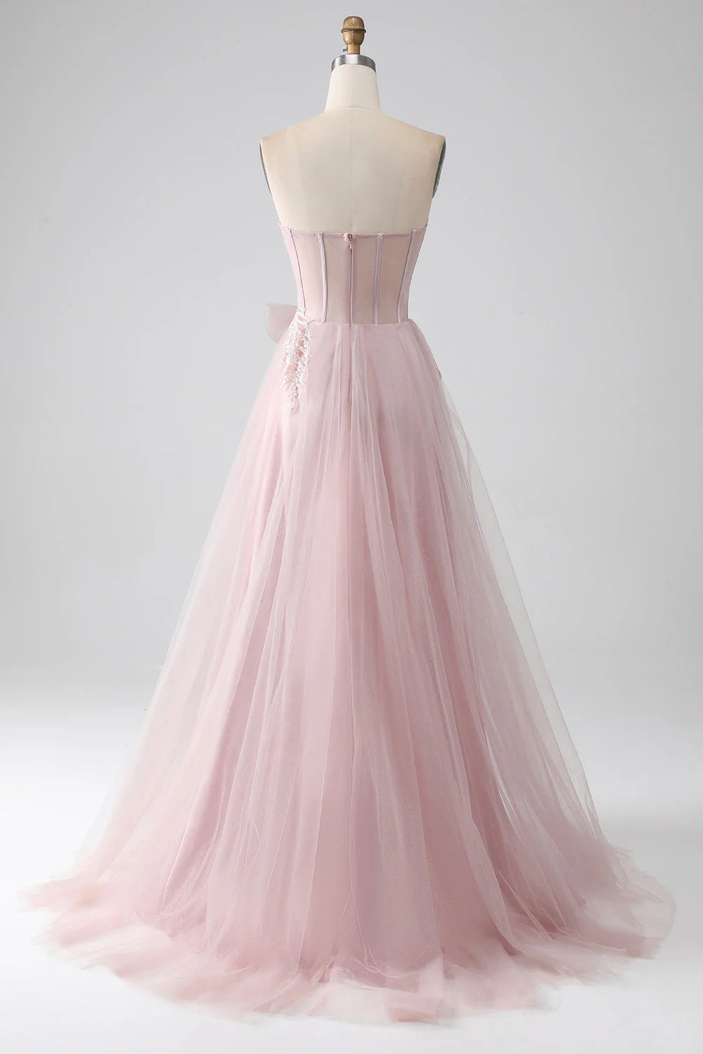 Sparkly A Line Blush Strapless Tulle Prom Dress With Bow