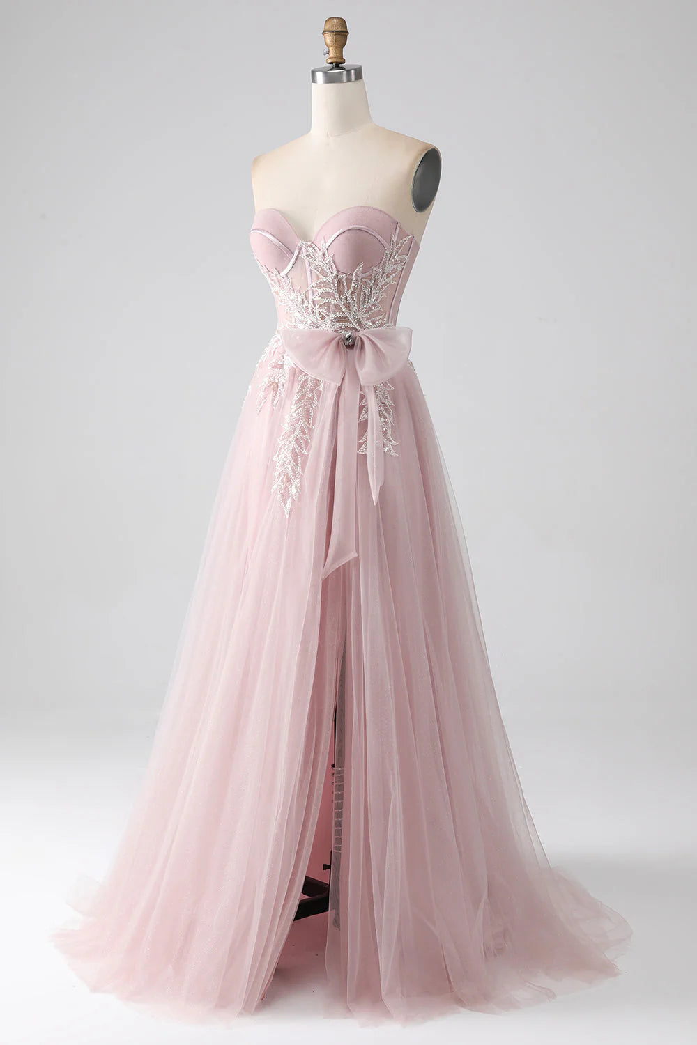 Sparkly A Line Blush Strapless Tulle Prom Dress With Bow