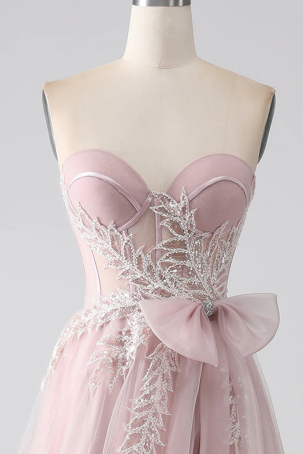 Sparkly A Line Blush Strapless Tulle Prom Dress With Bow