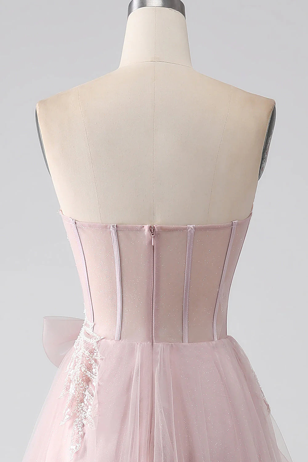 Sparkly A Line Blush Strapless Tulle Prom Dress With Bow