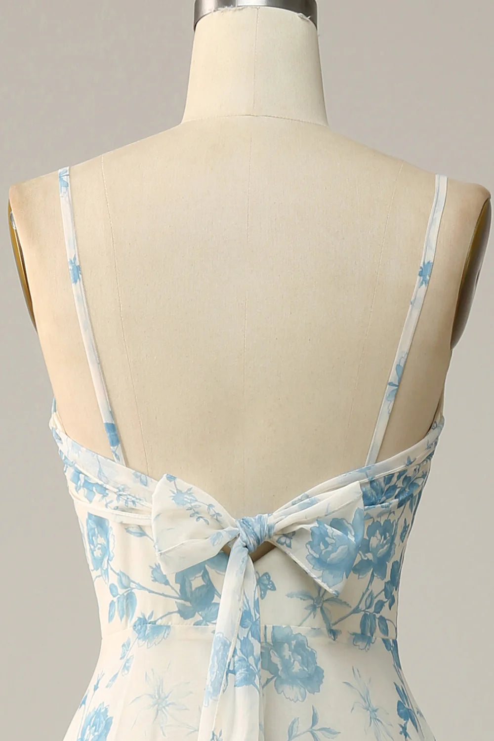Spaghetti Straps White Blue Flower Floral Long Bridesmaid Dress
