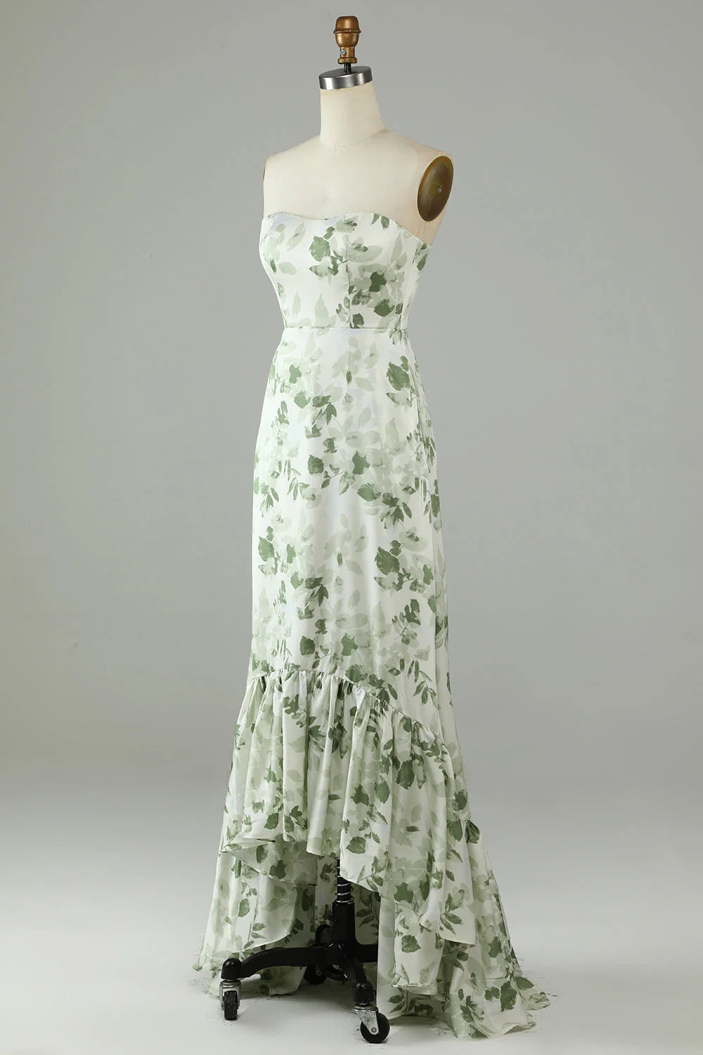Asymmetrical Strapless Printed Long Bridesmaid Dress