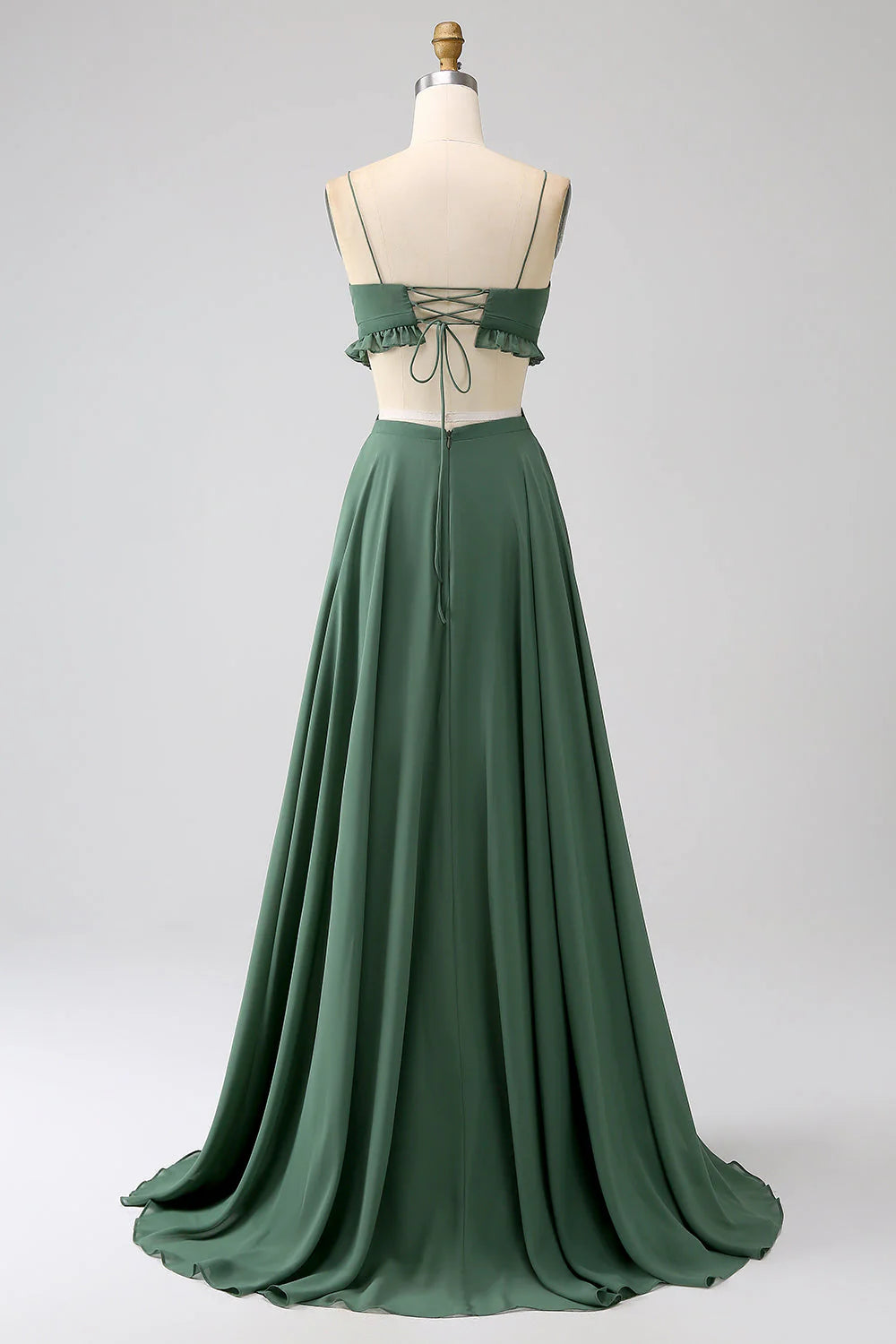 Spaghetti Straps Ruffles Hollow-Out Long Bridesmaid Dress
