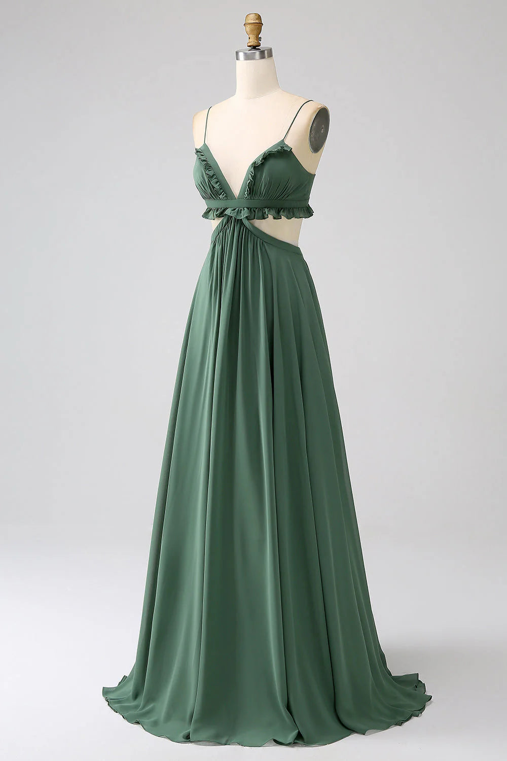 Spaghetti Straps Ruffles Hollow-Out Long Bridesmaid Dress