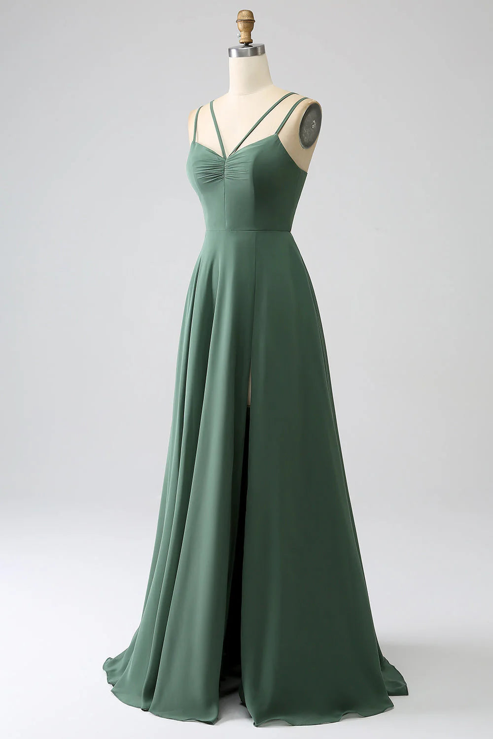 A-Line Spaghetti Straps Backless Pleated Long Bridesmaid Dress