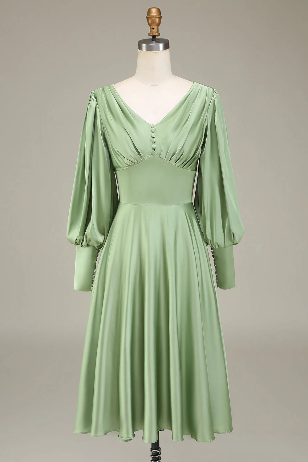 A-Line V-Neck Satin Bridesmaid Dress With Long Sleeves