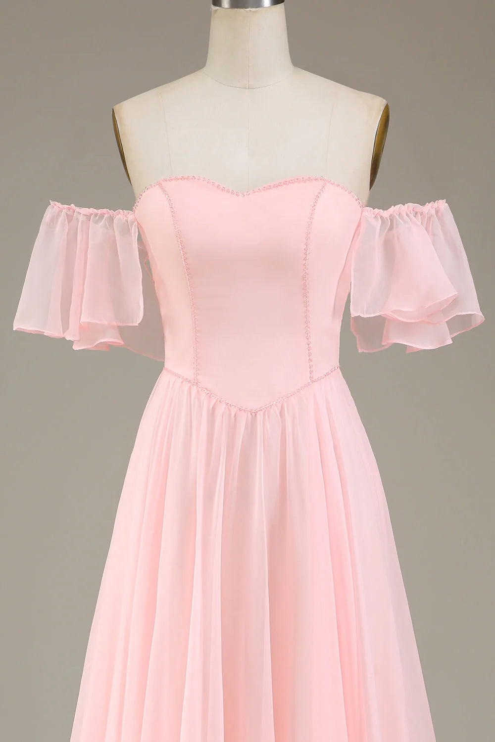 A-Line Off The Shoulder Chiffon Blush Pink Long Bridesmaid Dress