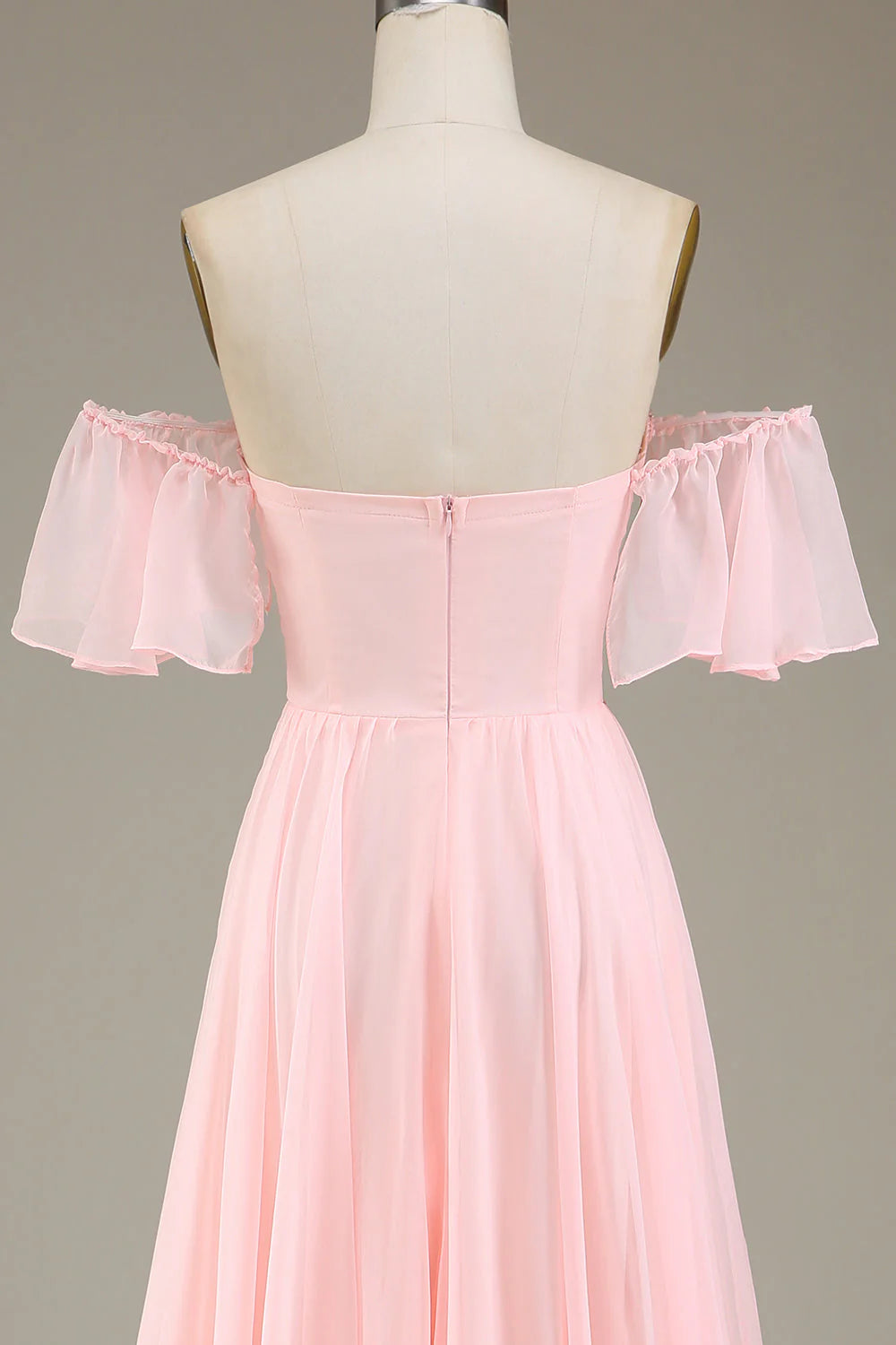 A-Line Off The Shoulder Chiffon Blush Pink Long Bridesmaid Dress