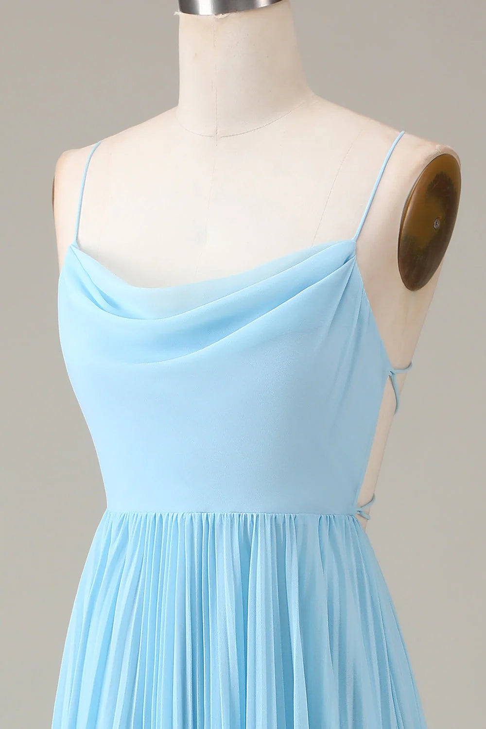 Spaghetti Straps Cowl Neck Pleated Open Back A-Line Chiffon Bridesmaid Dress