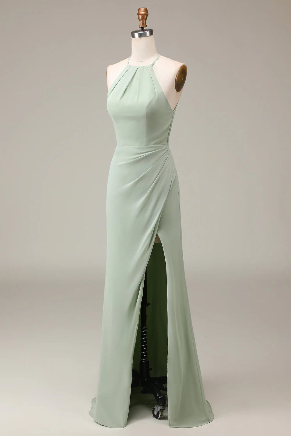 Halter Neck Sheath Pleated Bridesmaid Dress With Slit