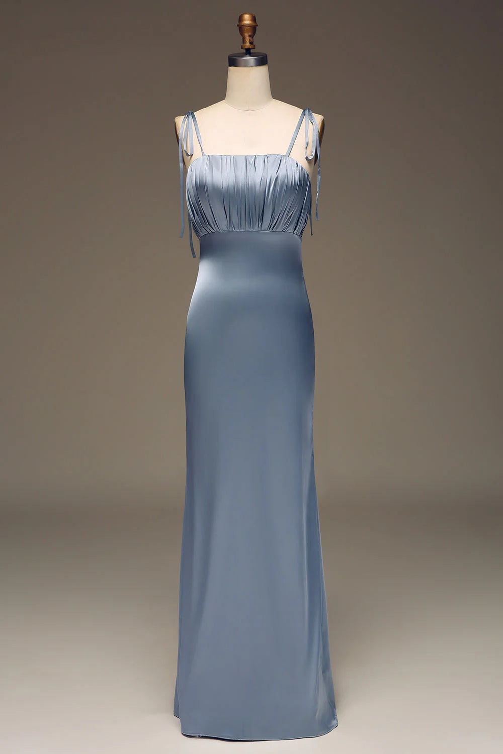 Spaghetti Straps Sheath Satin Pleated Bridesmaid Dress