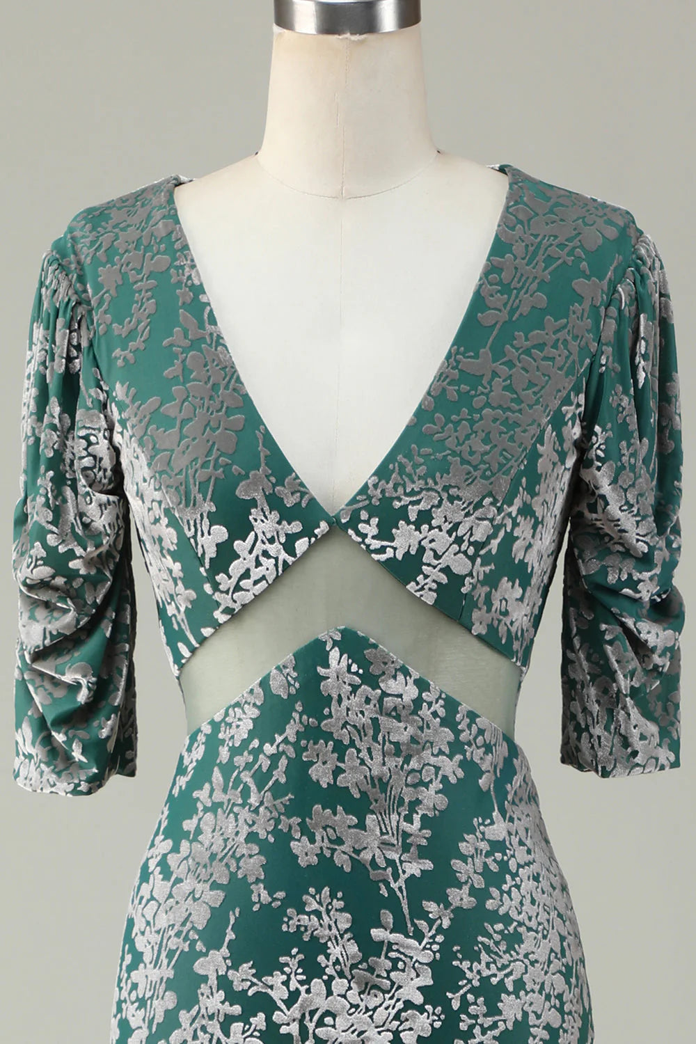 Grey Green Mermaid Velvet Bridesmaid Dress With Sleeves