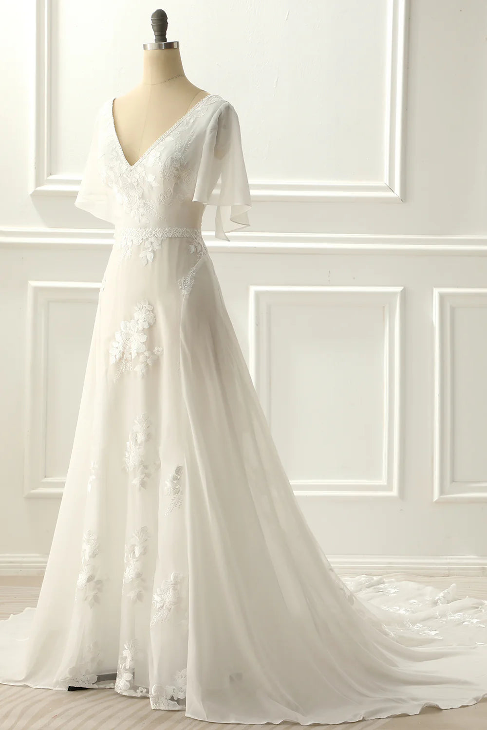 A-Line V Neck Floor-Length Appliques Wedding Dress