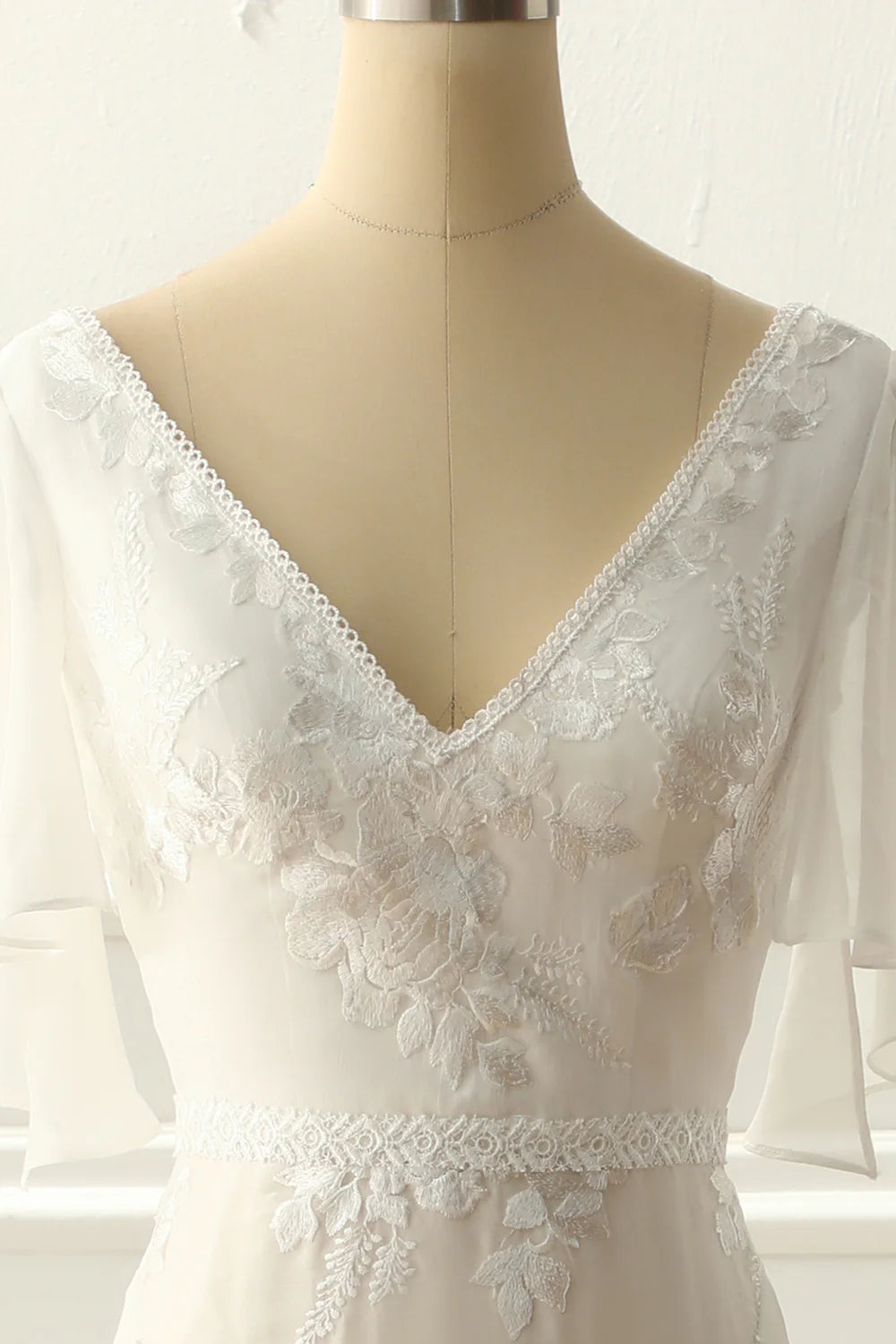 A-Line V Neck Floor-Length Appliques Wedding Dress