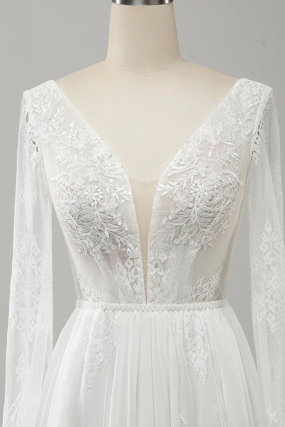 A Line V Neck Long Sleeve Beach Boho Wedding Dress