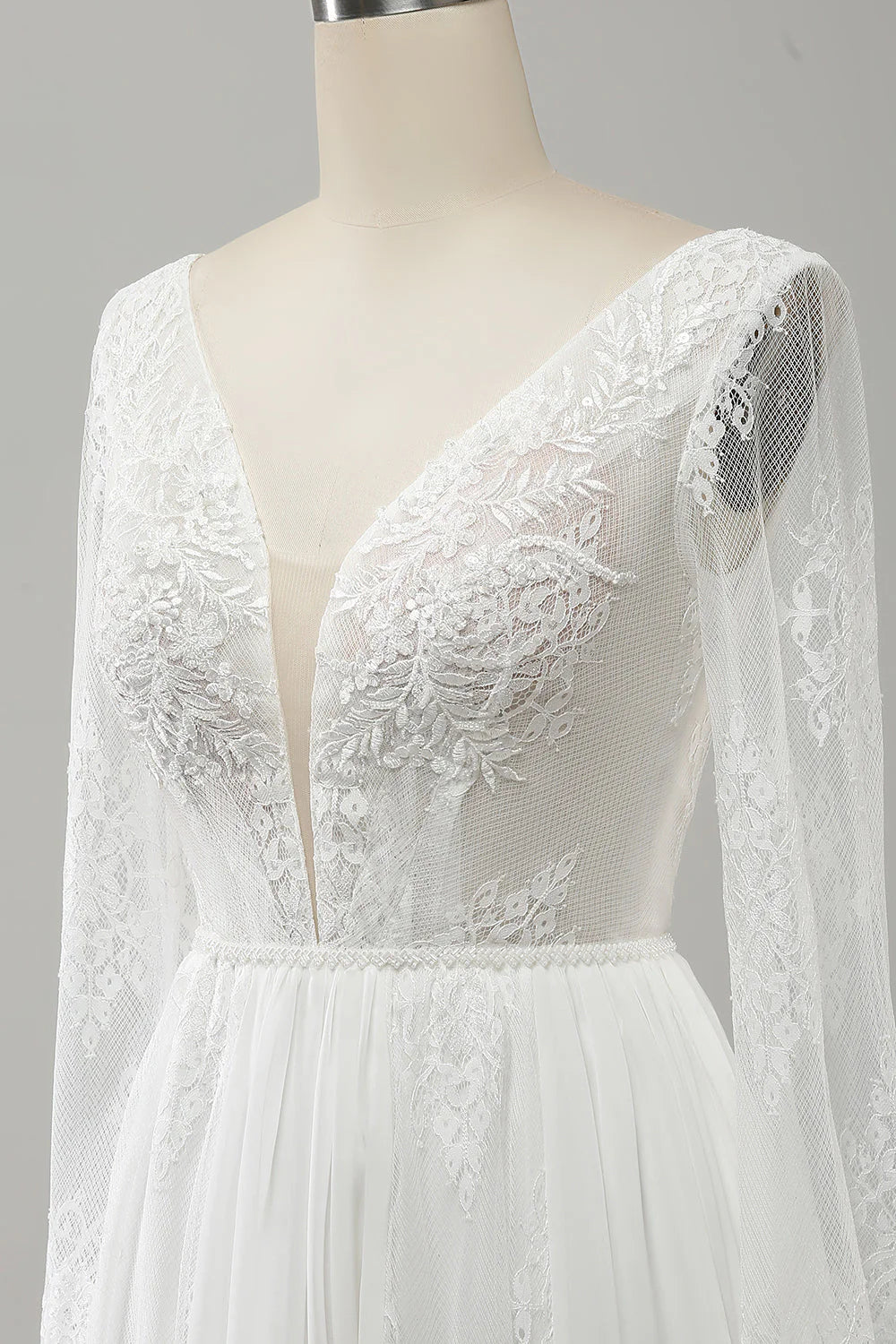 A Line V Neck Long Sleeve Beach Boho Wedding Dress