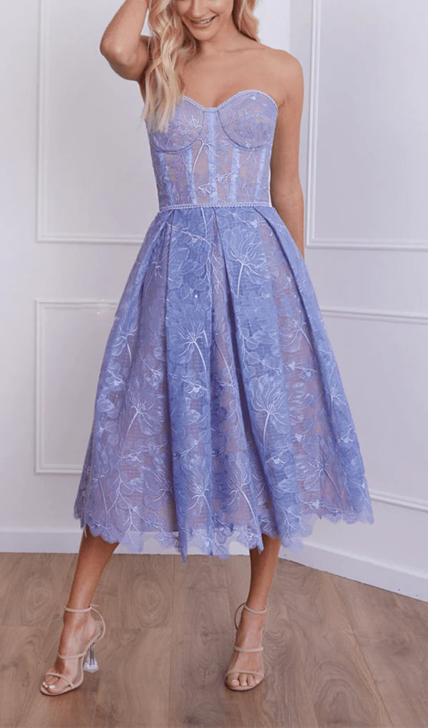 Robe de bal trapèze à épaules dénudées, sans bretelles, avec ceinture et fermeture éclair dans le dos en dentelle