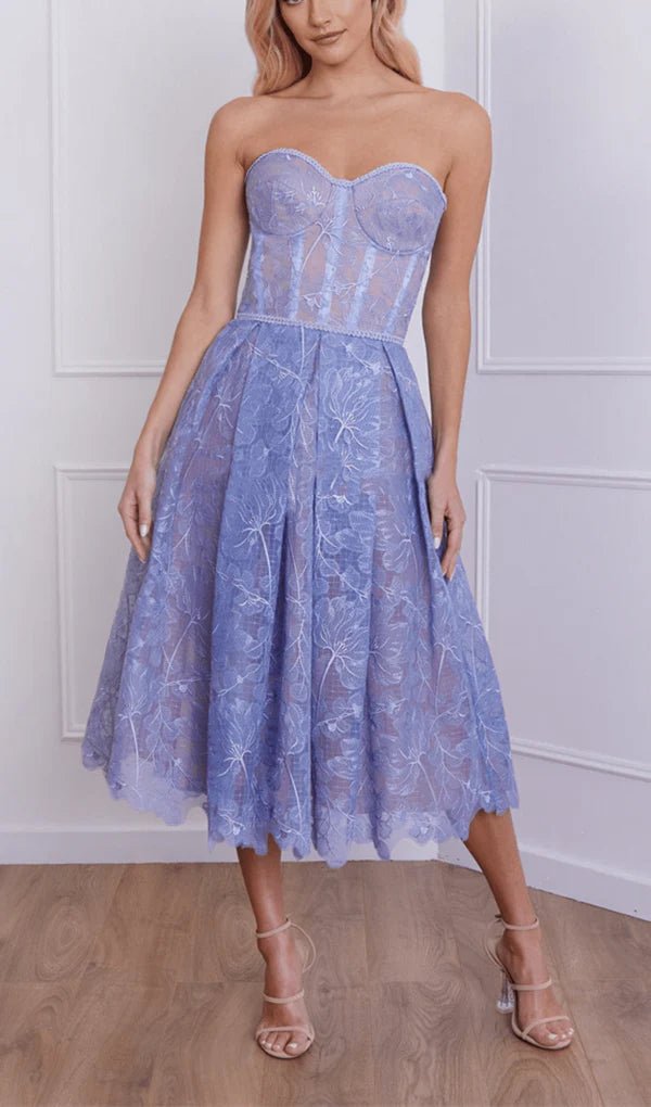 Robe de bal trapèze à épaules dénudées, sans bretelles, avec ceinture et fermeture éclair dans le dos en dentelle