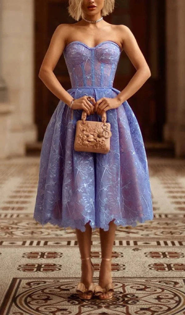 Robe de bal trapèze à épaules dénudées, sans bretelles, avec ceinture et fermeture éclair dans le dos en dentelle