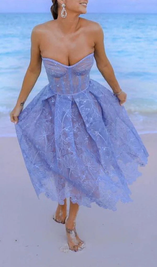 Robe de bal trapèze à épaules dénudées, sans bretelles, avec ceinture et fermeture éclair dans le dos en dentelle